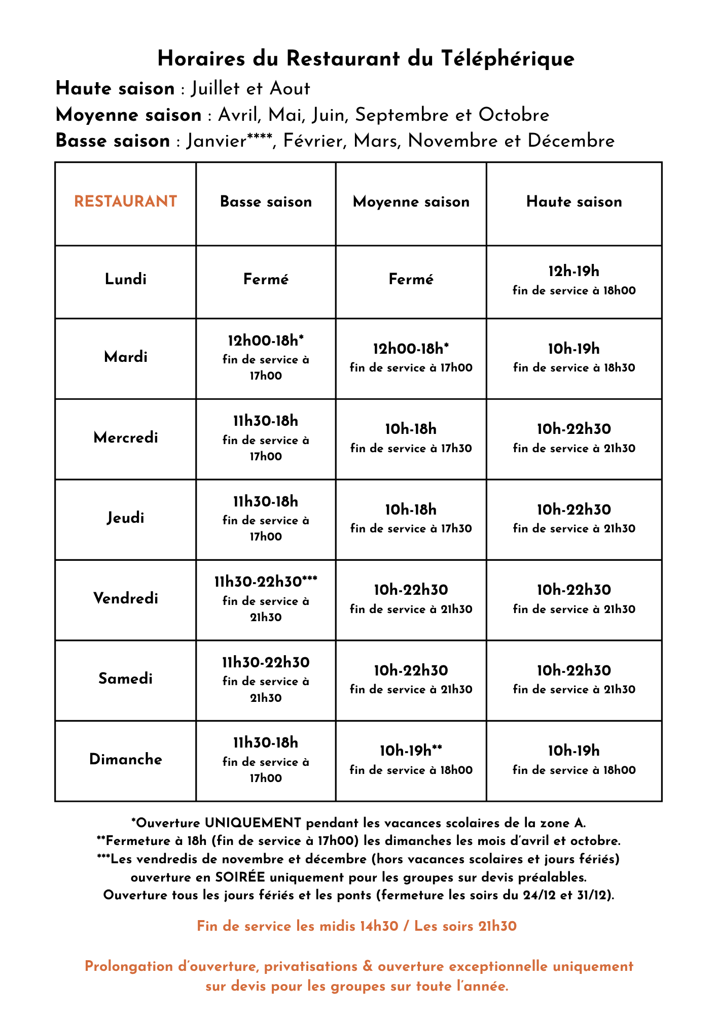 Horaires restaurant